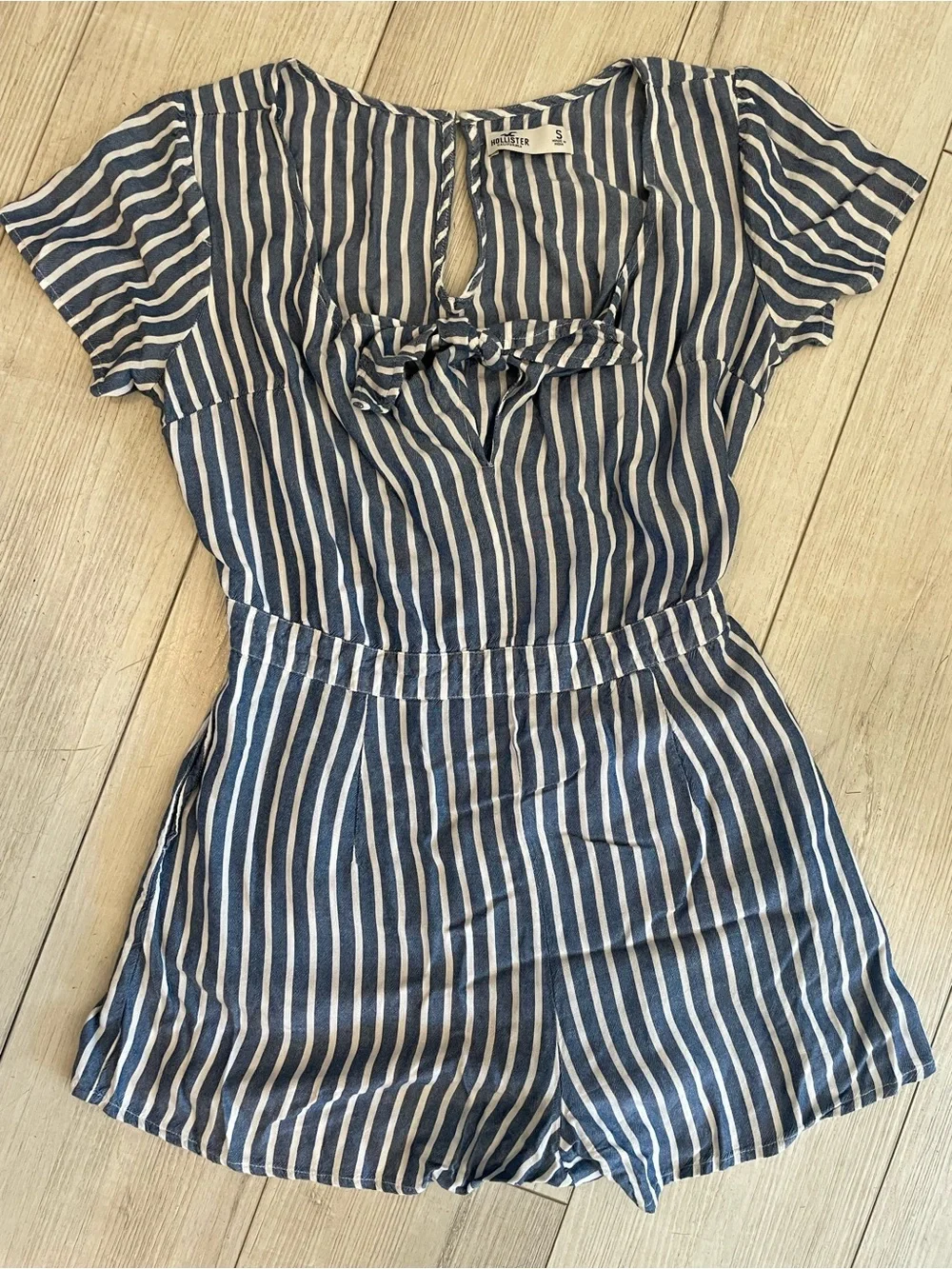 Hollister Navy & White Vertical Stripe one piece Romper with Front Tie small